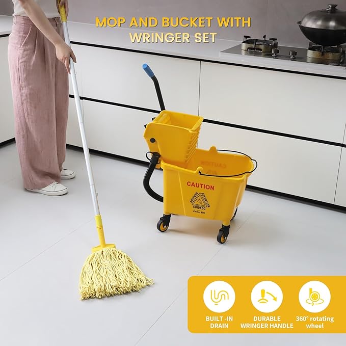 35-Qt Side Press Wringer Combo Commercial Floor Cleaning Rectangular Mop Bucket on Wheels, Yellow,Add One Commercial Mop and One Mop Head Replacement