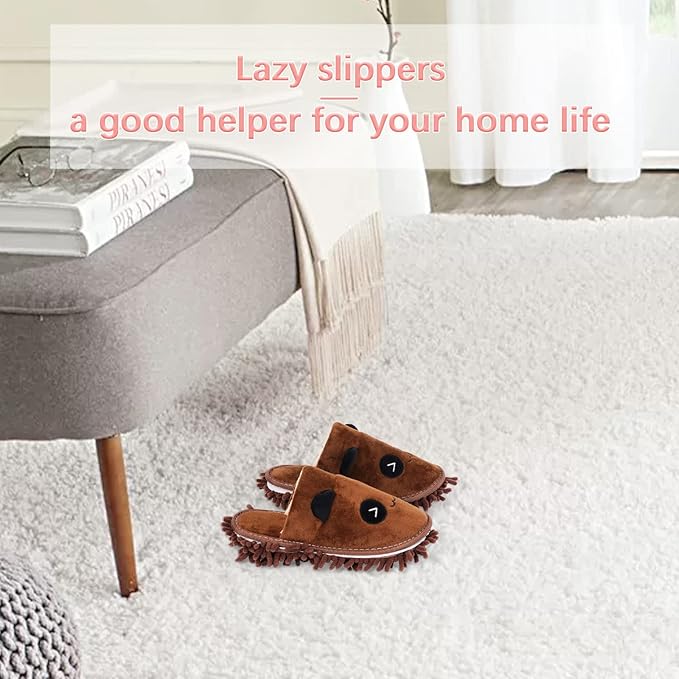 Liitrton 1 Pair Detachable Mop Slippers Shoes Microfiber Chenille Soft Comfortable Dust Dirt Hair Cleaner for Room Bathroom Kitchen Office (Brown Panda)