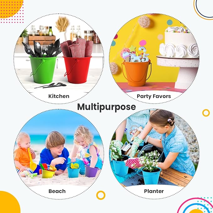 Small Metal Buckets with Handle 6 Pcs – Galvanized Bucket Leak Proof & Rust Resistant 20 fl oz- Best for Party Décor, Kids & Crafts, Pencill Holder Classrooms (Multi, Small 4.3" Top)