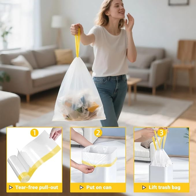 4 Gallon White Bathroom Trash Bags – Heavy Duty Small Drawstring Garbage Bags for Bathroom & Kitchen, Tear-Resistant, Leakproof, Easy Tear-Off, White Bathroom Trash Liners, 32 Count