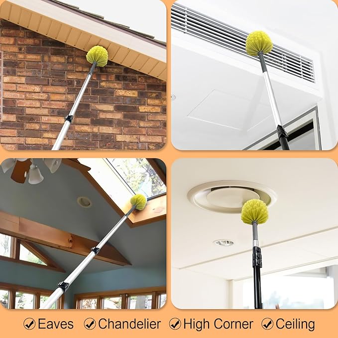 20 Foot Cobweb Duster with Extension Pole, 4-12ft Dusters for Cleaning with Bristles, High Reach Feather Duster for Outdoor Indoor, 4-Stage Spider Web Remover with Telescopic Pole for Ceiling Wall