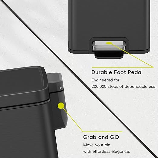 EKO Madison 12L / 3.2 Gal Bathroom Trash Can with Lid and Removable Inner Basket, Rectangular Small Step Trash Can, Brushed Stainless Steel