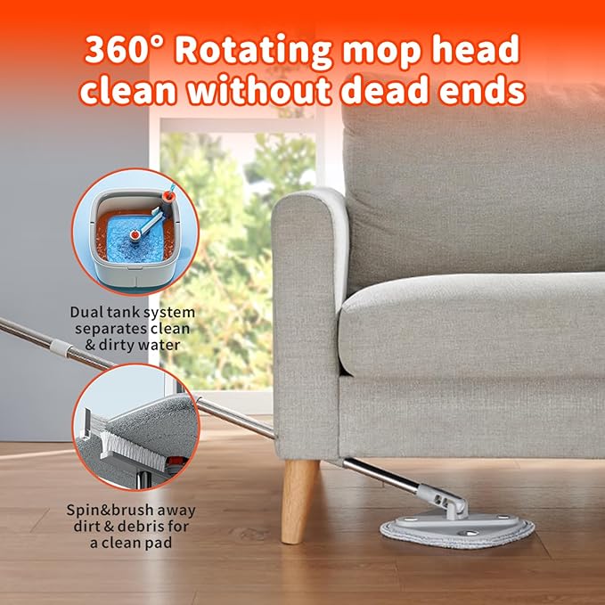 KZKR Spin Mop and Bucket Set with Self Separation Dirty and Clean Water System, Self Wringing 360° Rotating Square Mop Head for Home Floors Cleaning (1.0 Mop and Bucket Set (10 Pads))