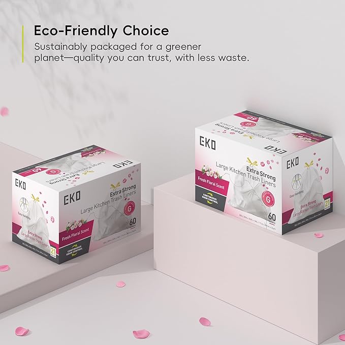 EKO 21 Gallon / 50-90 Liter, 60 Count Drawstring Trash Bags, Extra-Strong Garbage Bags, Fresh Floral Scent with Continuous Odor Control, Easy-Dispense Roll for Kitchen and Household Use, Code G, White
