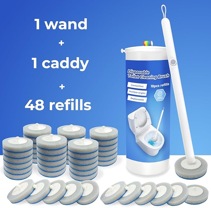 Disposable Toilet Brush&Holder with 48pcs Refills Pads, Toilet Cleaning Kit System,Toilet Bowl Cleaner Wand Holder and Set (1 Wand+1 Caddy+48 Refills)