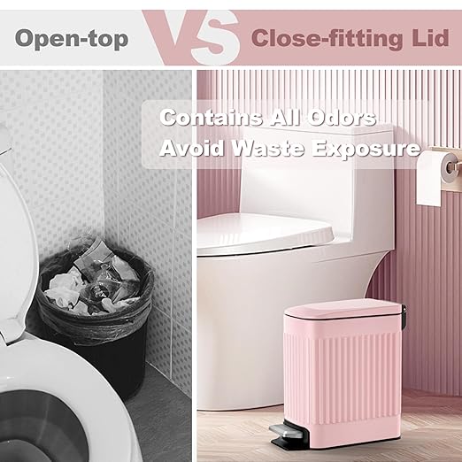 TrashAid Pink Bathroom Trash Can, 1.6 Gallon Stainless Steel Small Garbage Can with Lid, Step Pedal, Cute Wastebasket for Bathroom, Office, Bedroom, RV, Pink