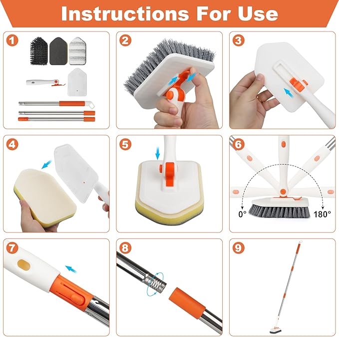 Long Handled Scrub Brush for Shower,3-in-1 Cleaning Brushes with 3 Different Function Cleaning Heads Brush for Shower Cleaning Bathroom Kitchen Walls Tub Tile