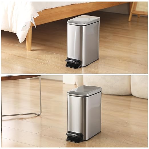 ELPHECO Small Bathroom Trash Can with Lid Soft Close 1.8 Gallon / 6.8 Liter Stainless Steel Garbage Can Slim Step Wastebasket for Bathroom, Office, Bedroom, Silver