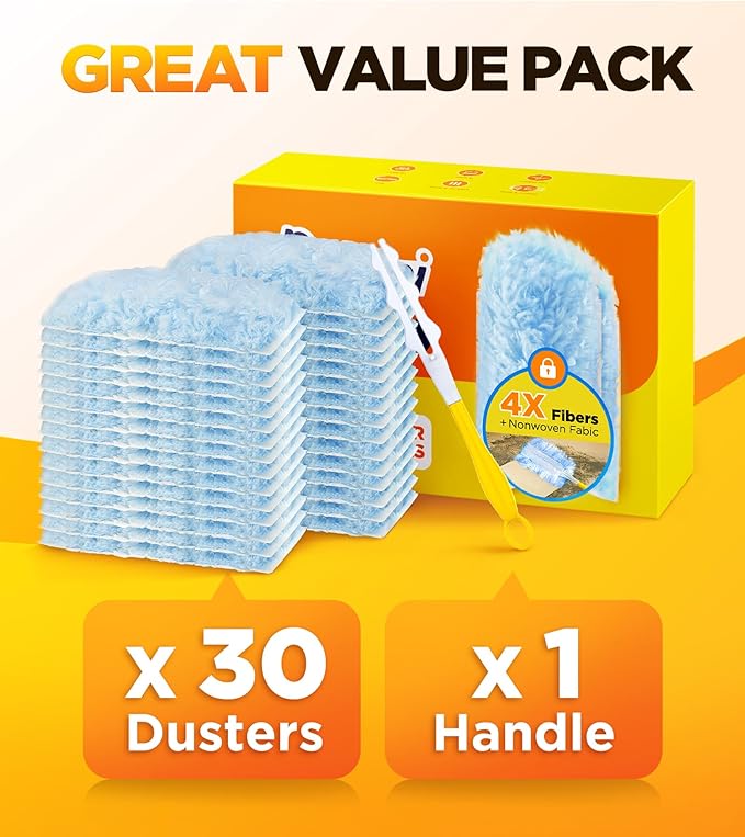 30 Count Duster Refill for Swiffer Duster with 1 Handle, One-Sided Disposable Dusters Refills with 4X Microfibers, Unscented Dusters for Cleaning Home, Furniture, Blinds & Vent