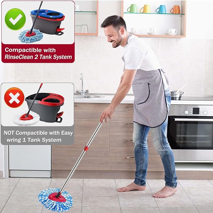 Spin Mop Replace Heads for O Cedar Rinse Clean 2 Tank System, Spin Mop Replacement Head 4 Microfiber Mop Refills, 1 Triangle Head Cover and 30-58in Handle