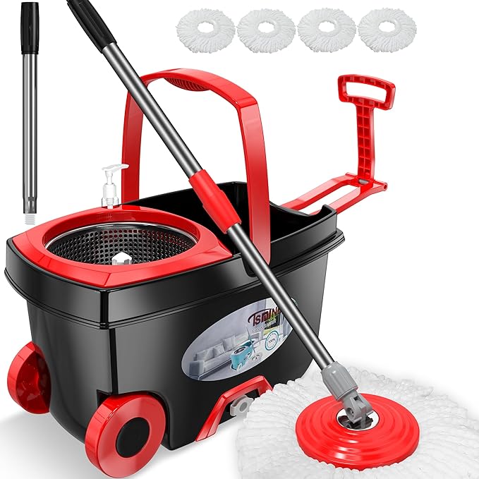 FunClean Spin Mop and Bucket,Mop and Bucket with Wringer Set for Home,360 Spinning Mopping Floor Cleaning Tool with 4 Microfiber Replacement Head Refills,61" Extended Handle, 2X Wheel - Black