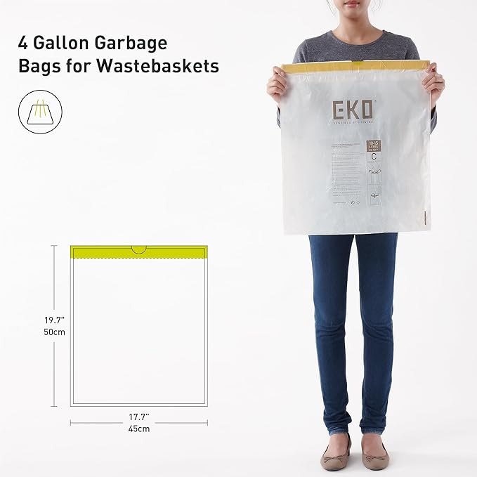 EKO 4 Gallon / 10-15 Liter, 80 Count Small Drawstring Trash Bags, Extra-Strong Unscented Garbage Bags, Easy-Dispense Roll for Kitchen & Household Use, Resists Tears, Leaks and Punctures, Code C, White