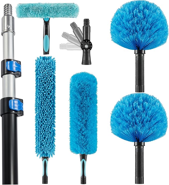 High Ceiling Fan Duster with 5-8 Foot Extension Pole, Extendable Reusable Cobweb, Feather, Window Cleaning Squeegee Kit
