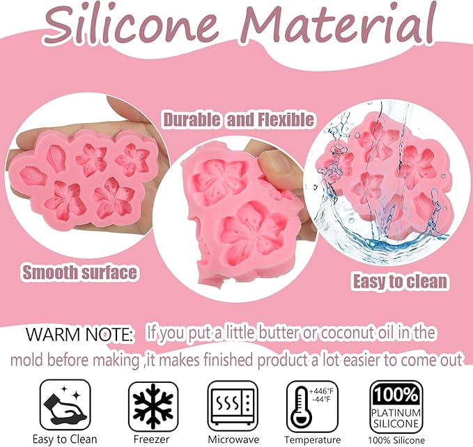 4 Pcs Plum Blossom Fondant Molds, Flower Chocolate Silicone Mold, for Wedding Cake Decoration Cupcake Topper Dessert Table Biscuit Candy Resin Clay Modeling, Reusable Kitchen Baking Mold