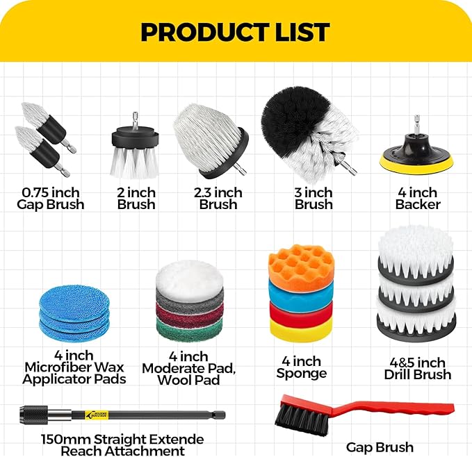 Holikme 22Pack Drill Brush Attachments Set, Scrub Pads & Sponge, Buffing Pads, Power Scrubber Brush, Car Polishing Pad Kit,Wax Applicator Pad,Car Cleaning Kit,Cleaning Supplies,Masonry Brushes,White