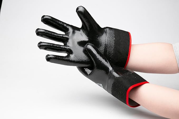 Oil Grasp 374 INKER Gloves, Large Cuff, Nitrile Coated Gloves, Oil-Immersion & Acid-Alkali Resistant, Durable & Abrasion-Resistant,Size 10, Black(Pack of 12)