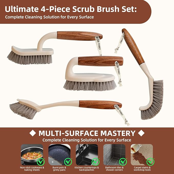 4-Pack Heavy Duty Scrub Brushes Set with Wooden Handles, Triangle & Square Floor Scrubber, Dish Brush, Grout Cleaner for Kitchen, Bathroom, Tile, Carpet & Stubborn Stains Removal