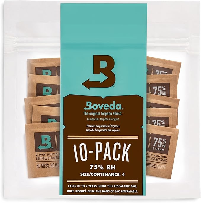 Boveda 75% Two-Way Humidity Control Packs For Storing Up to 5 Items – Size 8 – 10 Pack – For Small Non-Plastic Travel Cases – Moisture Absorbers – Humidifier Packs in Resealable Bag