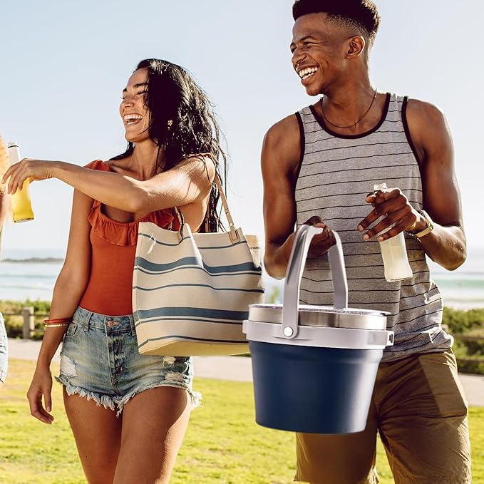 COKTIK 7L Insulated Ice Bucket with Lid,Double Wall Vacuum Stainless Steel Beverage Bucket Keeps Frozen Longer,Holds 6 Longnecks or 3 Bottles of Wine,for Cocktail, Champagne, Large Parties(Navy)