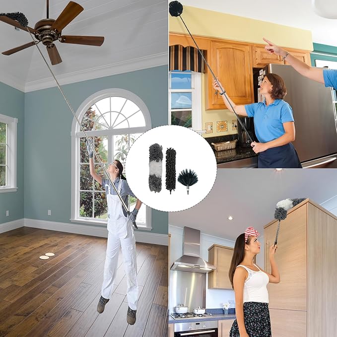 Cobweb Duster with Extension Pole,100" Ceiling Fan Duster Kit with 3 Heads,Bendable Ceiling Fan Cleaner Duster,Washable Reusable Dusting Pole for High Ceiling and Walls Furniture Home