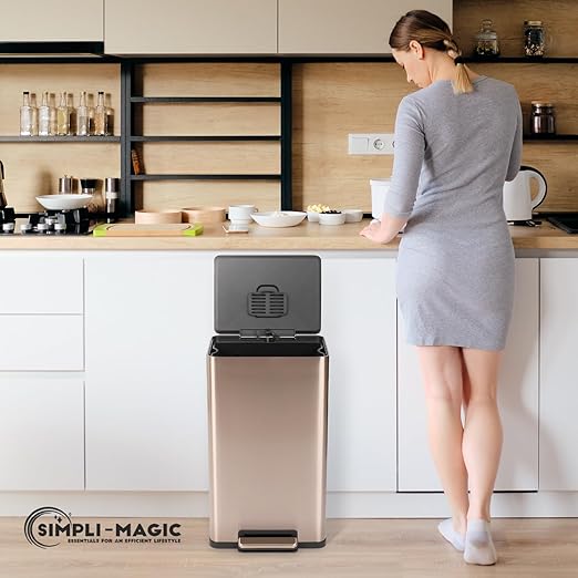 SIMPLI-MAGIC 13.2 Gallon (50L) Step Trash Can – Kitchen Garbage Can with Slow-Close Lid – Odor Control, Hands-Free, Easy to Clean, Brushed Stainless Steel (Rose Gold)