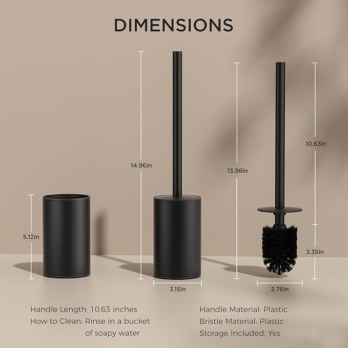 FORIOUS Toilet Brush and Holder Set, 304 Stainless Steel Heavy Duty Base and Handle for Bathroom Deep Cleaning, Toilet Bowl Cleaners Brush with Holder, Space Saving for Storage, Matte Black