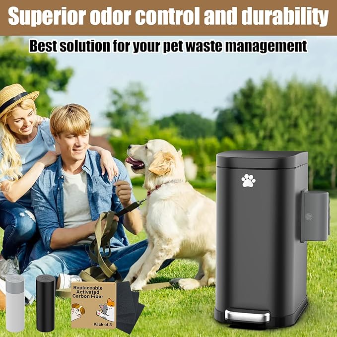 Dog Poop Trash Can Outside with Odor Control Lid & Step Pedal, 3.2Gal Stainless Steel Outdoor Trash Can, Waterproof Dog Waste Container - Includes 3 Carbon Filters & Bin Bag Holder