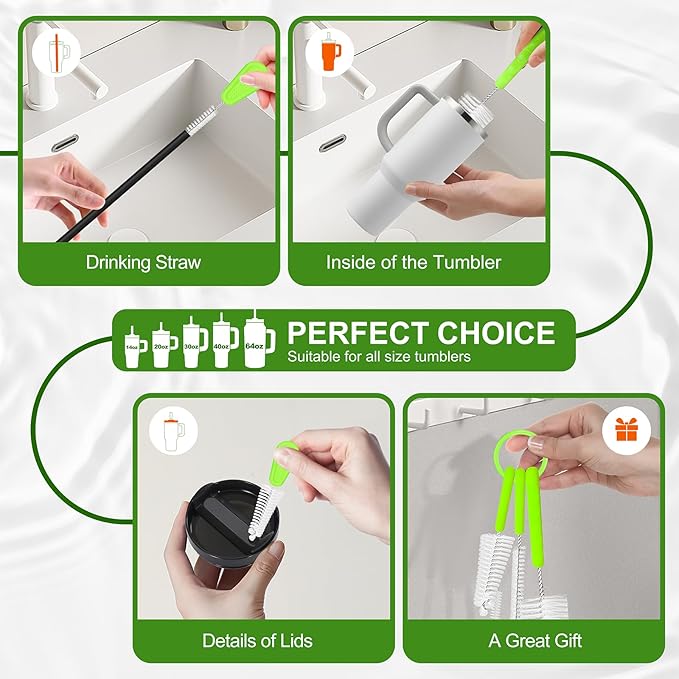 Bottle Brush Cleaner Set of 3, Long Handle Water Bottle & Straw Cleaner Brushes for Washing Tumblers, Baby Bottles, Cup Lid Cleaning Brush