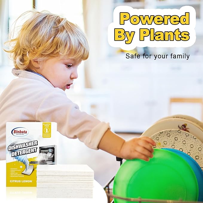 Eco Dishwasher Detergent Sheets Up To 160 Loads, Citrus Lemon Scent Plastic Free Dishwashing Soap Strips With High Efficient Solid Enzyme, Leaving Dishes Sparkling Clean