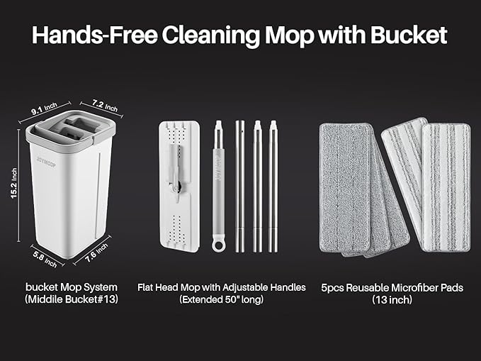 JOYMOOP Mop and Bucket with Wringer Set, Hands Free Flat Floor Mop and Bucket, with 5 Washable Microfiber Pads, Wet and Dry Use, Floor Cleaning System