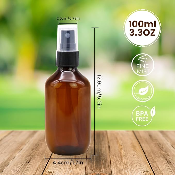6 Pack 3.4oz Amber Spray Bottles, Small Fine Mist Mister Plastic Travel Bottles, Empty Bottles Set for Essential Oils Hair