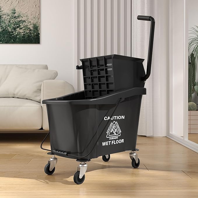 HOMCOM Mop Bucket with Wringer on Wheels for Floor Cleaning, 38 Quart Down Press Wringer with Handle and Mop, Black