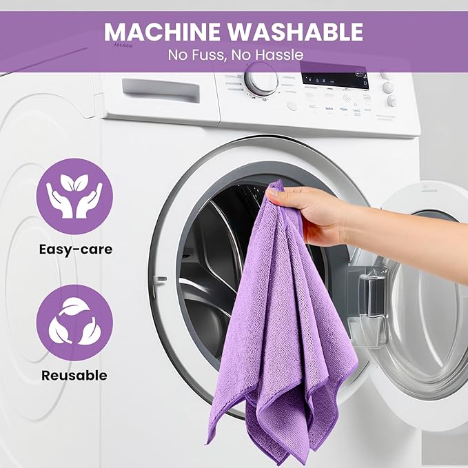 Microfiber Cleaning Cloth, 12 Pack Purple Cleaning Rags for Housekeeping, Reusable Microfiber Towels for Car, Kitchen, Bathroom and Household Cleaning Supplies, 11.8"X11.8"