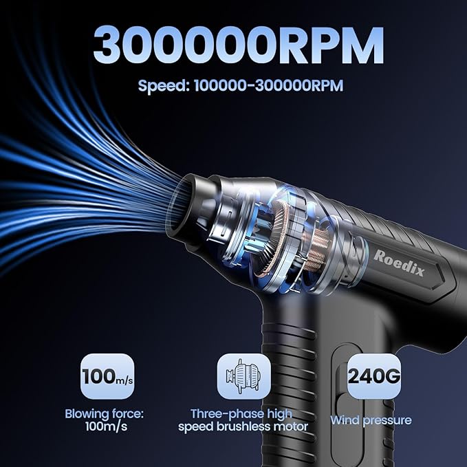 Compressed Air Duster, New Upgrade 300000RPM Electric Air Duster, Powerful Replace Compressed Air Can - No Canned Air, Jet Dry Blower Portable Air Blower for Computer Clean, Keyboard, Car Dry, Home.