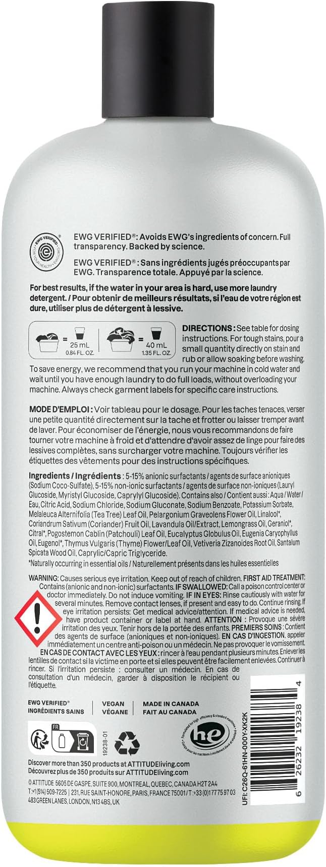 ATTITUDE Laundry Detergent Liquid, Natural Origin Ingredients, EWG Verified, High Efficiency, Infused with Essential Oils, For White and Colored Clothing, Geranium & Lemongrass, 38 Loads, 32 Fl Oz