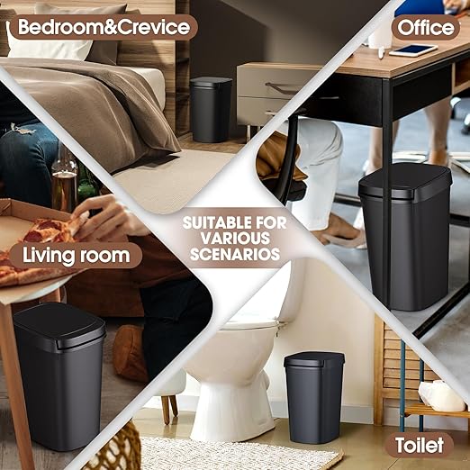CEROELDA Slim Bathroom Trash Can, 10L/2.6 Gal Plastic Wastebasket with Press Top Lid, Pop-up Lid for Toilet, Office, Bedroom (Black, 1 Pack)