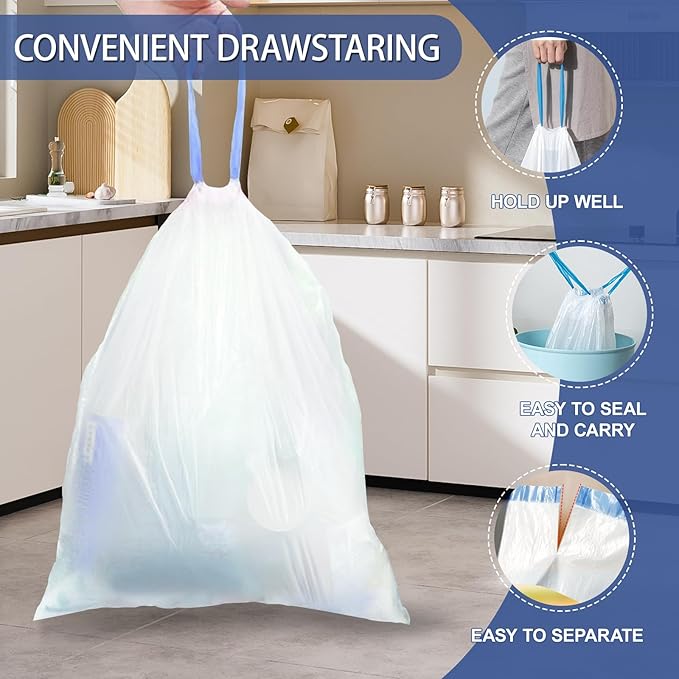 18 Gallon Trash Bags with Drawstring - 120 Count Heavy Duty 1.25 Mil Garbage Bags 68 Liter Tall Kitchen Bin Liners Unscented White for Home Yard Lawn