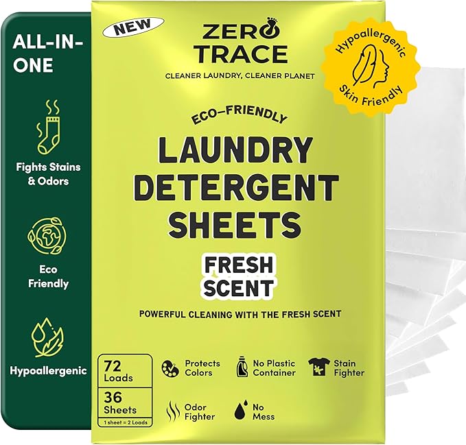 Zero Trace All Natural Laundry Detergent Sheets Eco Friendly - Laundry Soap - Travel Laundry Detergent with Fresh Scent (72 Loads 36 Sheets)
