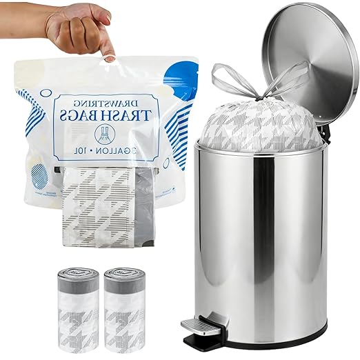 OKKEAI 3 Gallon Small Bathroom Trash Bags White Drawstring Garbage Bags – 90 Count Tear-Free, Heavy Duty Printed Liners, Leak-Proof White Trash Bag for Kitchen, Office, Multipurpose Use