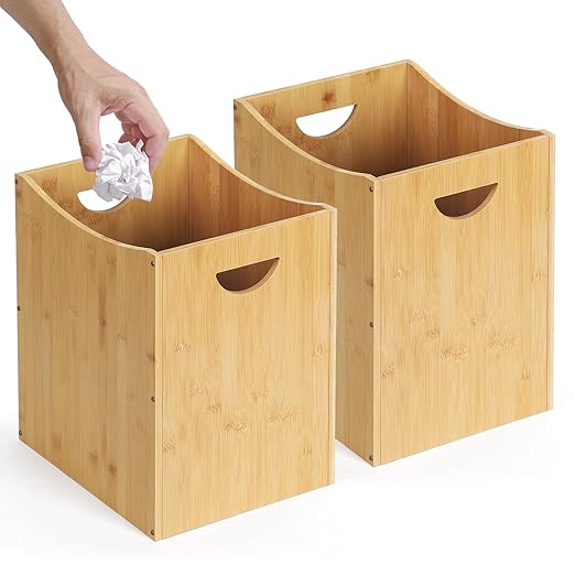 MOOACE Small Wastebaskets 2 Pack, 5 Gallon Trash Can with Handles, Rectangular Waste Baskets Bamboo Garbage Can for Bathroom Kitchen Living Room Office Decorative Under Counter