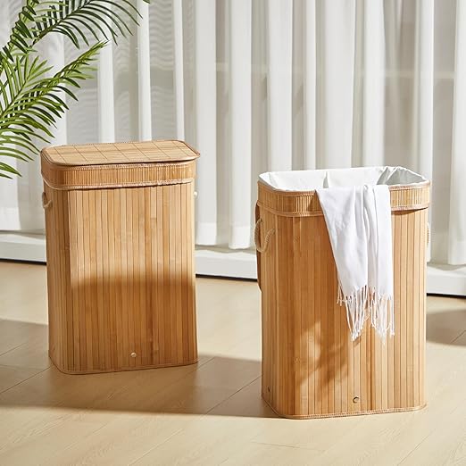 Bamboo Slim Trash Can with Lid, 21 Gallon Large Foldable Slim Rectangular Garbage Can Bamboo Waste Basket for Bathroom Bedroom Office Home Salon Spa
