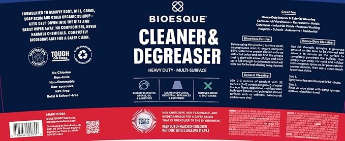 Bioesque Heavy Duty Multi-Surface Cleaner & Degreaser Concentrated Professional Formula, 5 Gallon (Pack of 1)