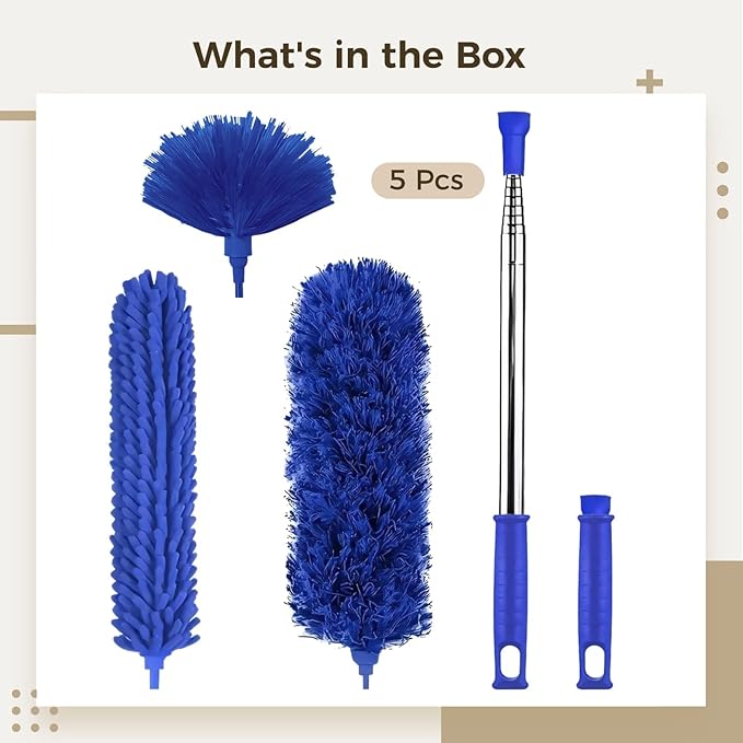 Homaisson 5 Piece Telescopic Duster Set with Extension Pole Microfiber Cleaning Heads for Ceiling Fans, Windows, and Hard-to-Reach Areas, Detachable, Quality and Easy to Clean