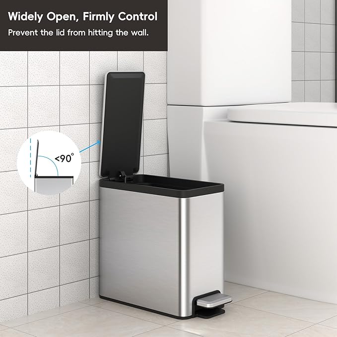 EKO Slim Small Bathroom Trash Can with Lid, Stainless Steel Small Garbage Can with Removable Inner Bucket, 6L / 1.6 Gal, Step On Trash Bin
