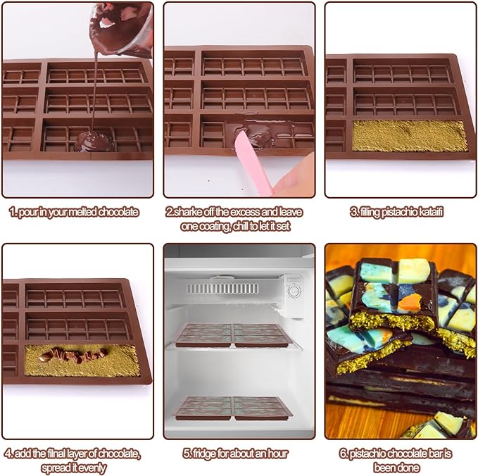 Mity rain 4pcs Chocolate Bar Mold Deep, Silicone Thick Chocolate Bar Mold for Stuffed Bar, Knafeh Pistachio Chocolate Bar Break Apart Candy Bar Molds with 100pcs Storage Bags + 1pc Scraper, Brown