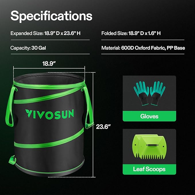 VIVOSUN 30-Gallon Collapsible Trash Can, Reusable Pop-Up Garden Bag with Hard-Shell Bottom, Leaf Scoops and Gloves, Yard Waste Container for Lawn Care and Camping, 2-Pack