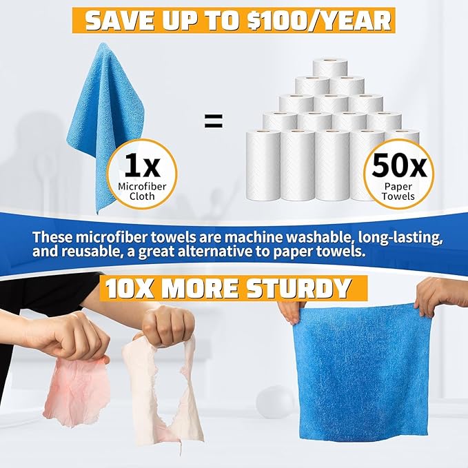 HOMERHYME Microfiber Cleaning Cloth Roll, 75 Pack Tear Away Microfiber Towel, Reusable Washable Shop Towels, Lint Free All-Purpose Cleaning Rags Wash Cloths for Home Car Kitchen Automotive 11.5"x11.5"