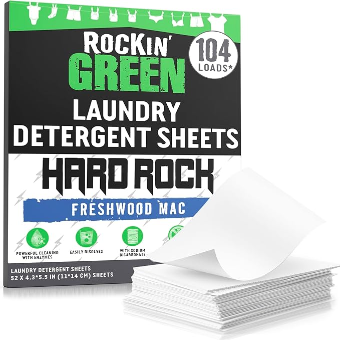Rockin' Green Hard Rock Travel Laundry Detergent Sheets for Hard Water - Mess-Free Laundry Sheet Detergent with Sodium Bicarbonate - Easily Dissolvable Laundry Soap Sheets (104 Loads, Freshwood Mac)
