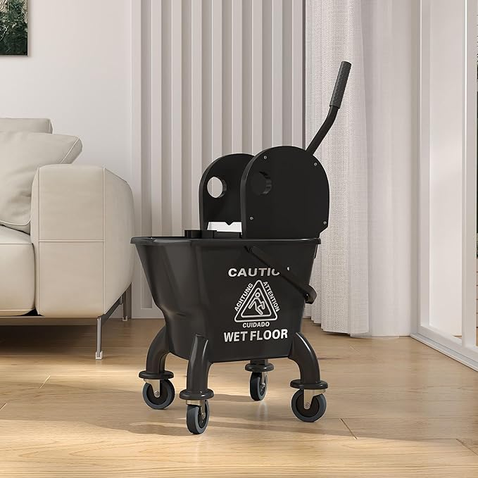 HOMCOM Mop Bucket with Wringer on Wheels for Floor Cleaning, 27.5 Quart Down Press Wringer with Handle and Mop, Black