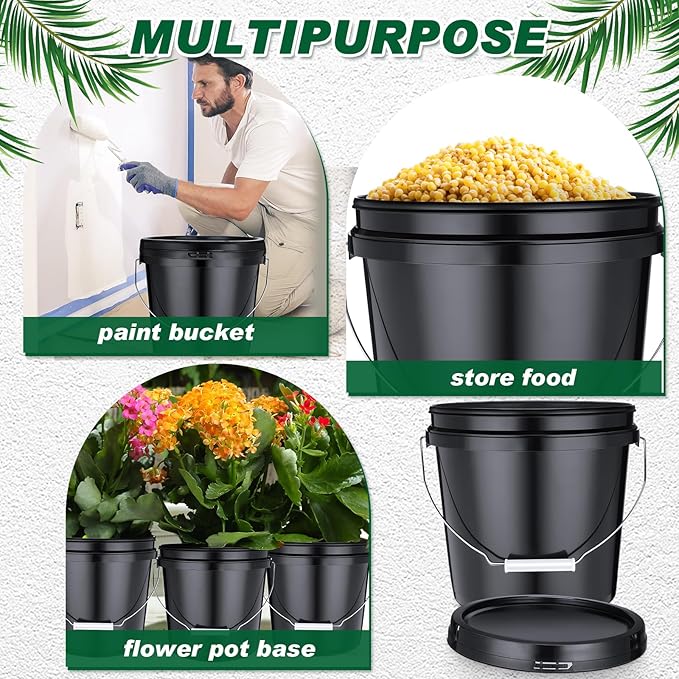 6 Pack 2 Gallon Plastic Bucket with Lid Heavy Duty Pail with Metal Handle Reusable Small Multipurpose Paint Buckets Container for Food Storage(Black)